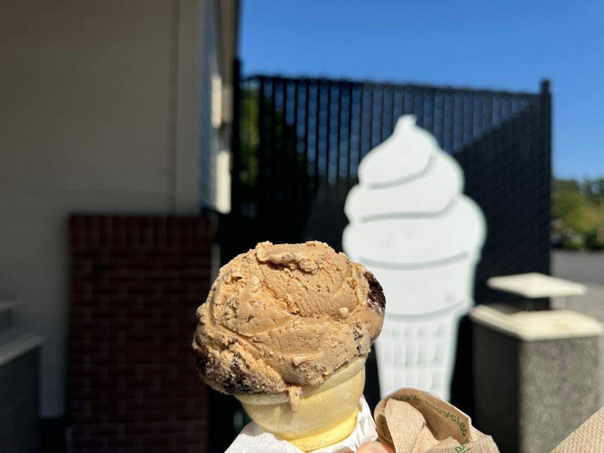 A ice cream cone of cookies and coffee ice cream at Edaleen Dairy at 458 Peace Portal Drive in Blaine, Wash. on Friday, July 12, 2024.