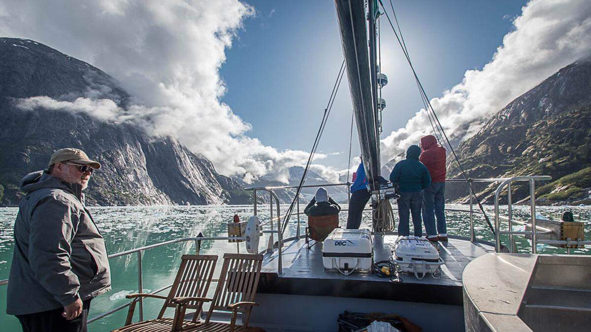Passengers enjoy a sunny day on the Endicott Arm, which cuts into mainland Alaska and features the Dawes Glacier, on the M/V David B. The Northwest Navigation Co. of Bellingham, Wash., operates the 65-foot, eight-passenger ship that is booking vacation trips into Alaska.
