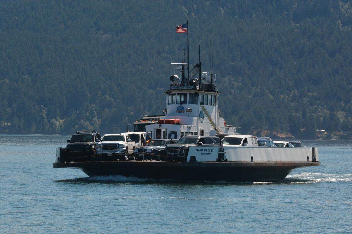 The Lummi Island ferry, MV Whatcom Chief, approaches its dock at Gooseberry Point on the Lummi Peninsula in 2022.