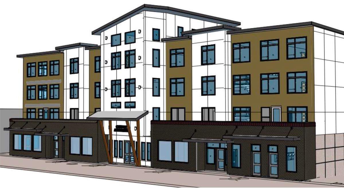 A rendering shows a preliminary design for the front of a mixed-use residential building planned for construction in 2024 at 2425 Meridian St. in Bellingham.