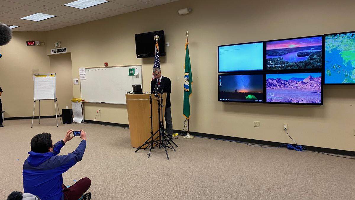 Mayor Seth Fleetwood, at a press conference at the Whatcom County Emergency Operations Center, discusses the city’s actions earlier Thursday, Jan. 28, to remove the Camp 210 homeless encampment at City Hall on Lottie Street in Bellingham.