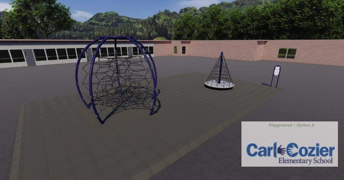 The Bellingham Public School District presented this playground equipment as Option A for students at Carl Cozier Elementary School at a parent meeting on Tuesday, Oct. 17, 2023, in Bellingham, Wash. This comes as parents expressed concerns about the existing playground.