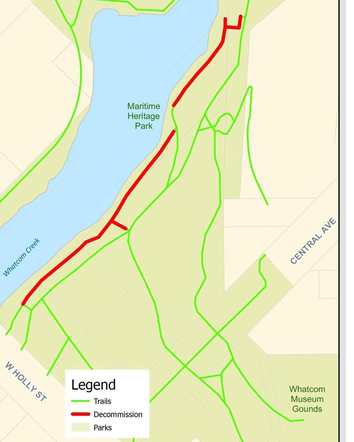 A map shows the location of about 700 feet of trail that is being closed in Maritime Heritage Park.