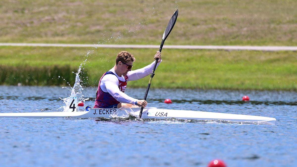 Jonas Ecker competes in a kayak race. Ecker missed the cut for the K-1 semifinals at the 2024 Paris Summer Olympics but will compete in the K-2 semifinals on Friday.
