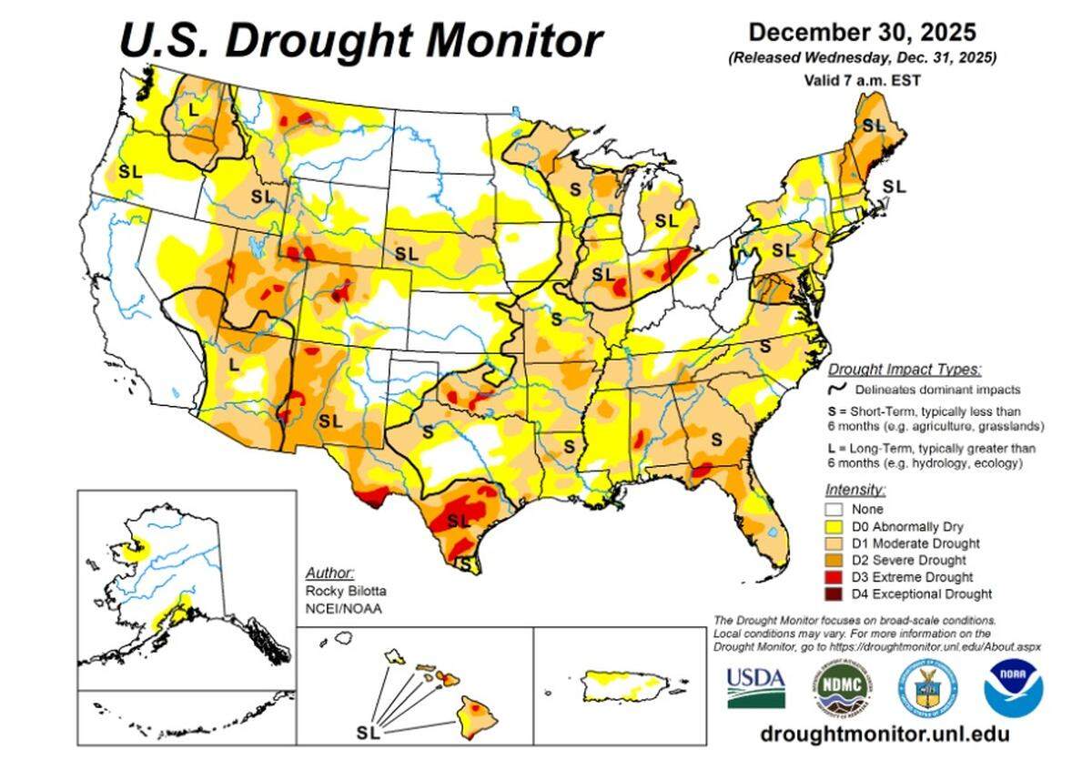 The U.S. Drought Monitor’s Dec. 31 report shows Northwest Washington in “abnormally dry” conditions despite recent unusually heavy rainfall.