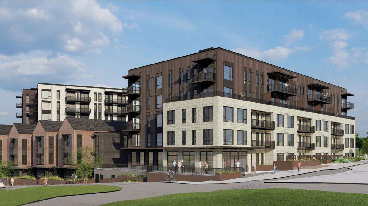 A rendering shows the proposed design of a mixed-use housing and retail project in Barkley Village. Construction is expected to begin in the summer of 2023 in Bellingham.