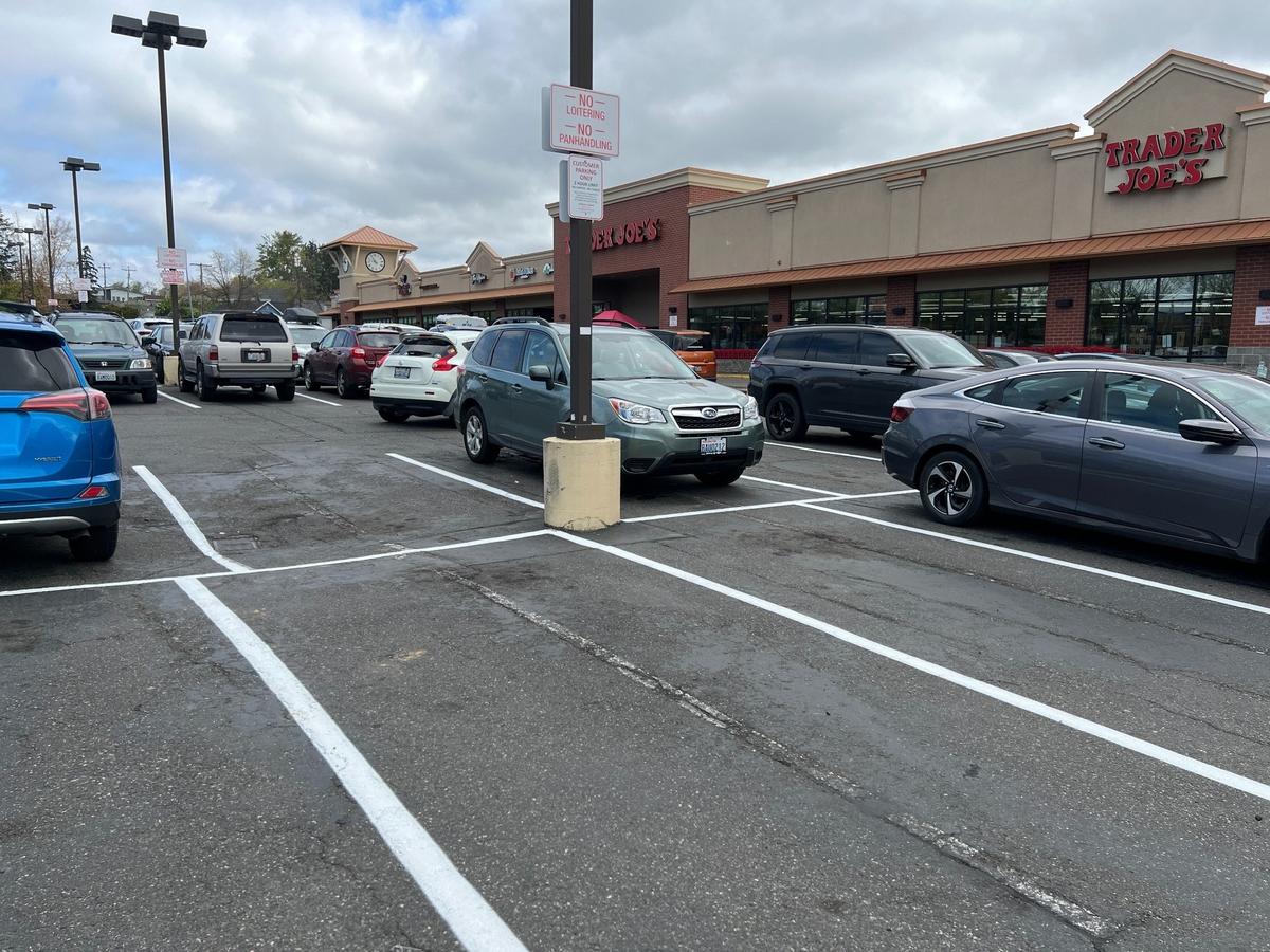 Several parking spaces are open at the Trader Joe’s market in the Sunnyland neighborhood of Bellingham on Sunday, April 27, 2025.