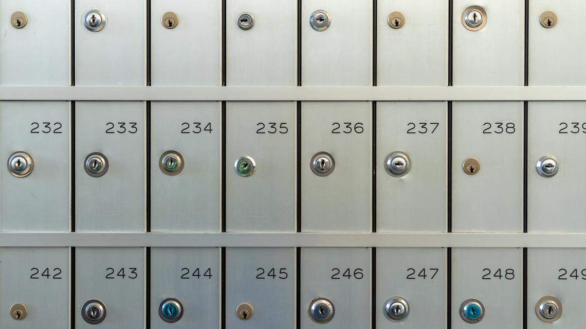Locking mailboxs at apartment.
