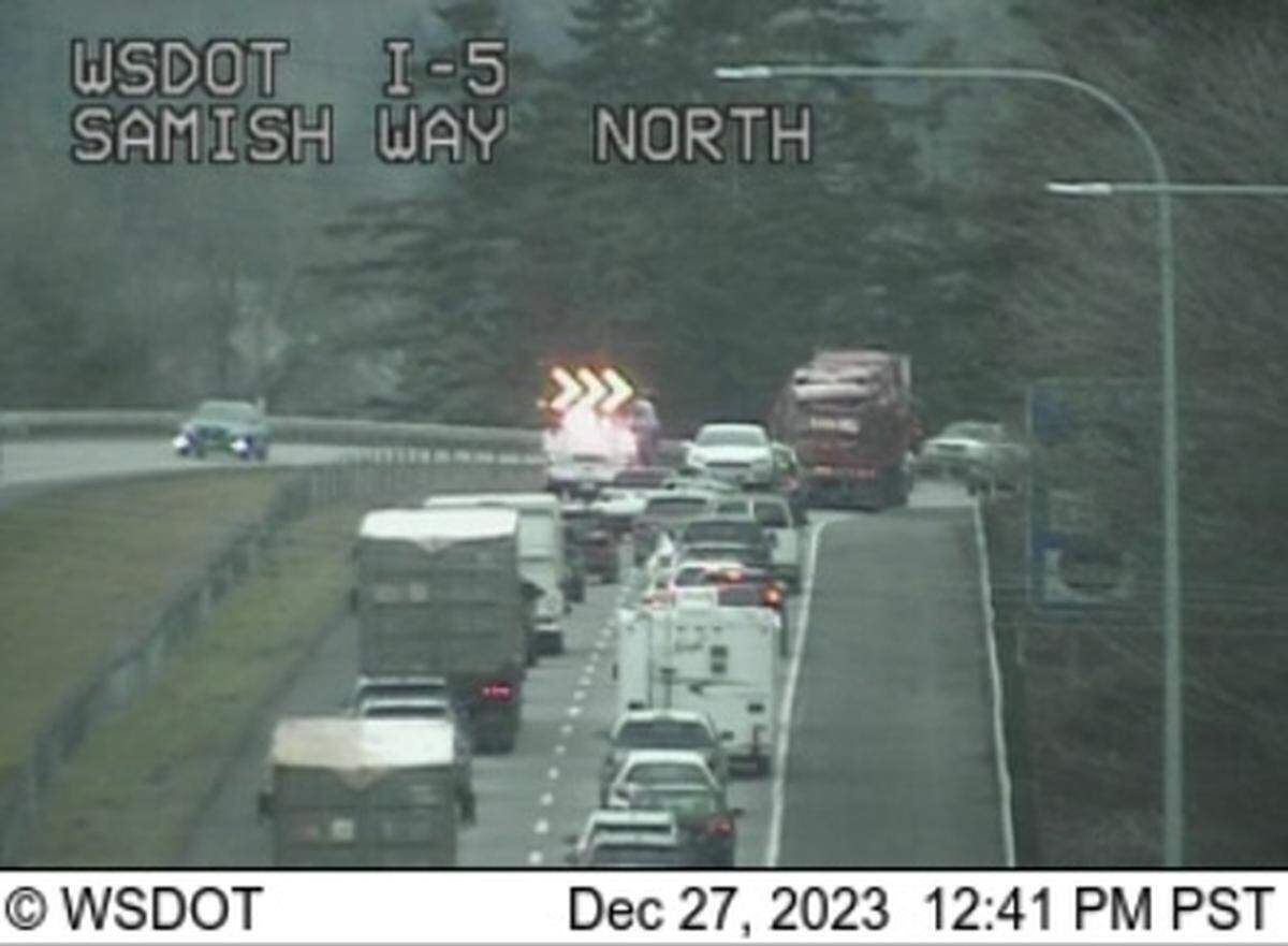 Traffic was backed up on I-5 between Lakeway Drive and Old Fairhaven Parkway just before 1 p.m. on Dec. 27, 2023, in Bellingham, Wash.