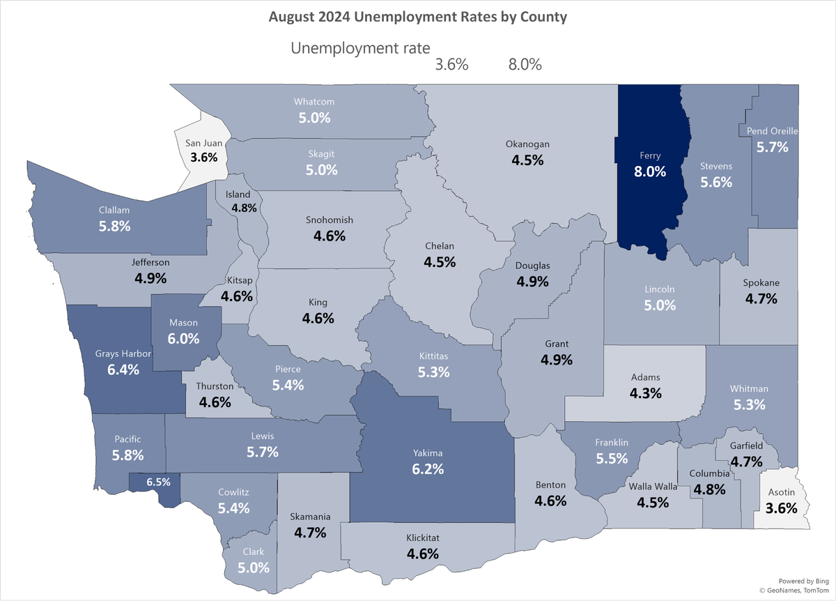 August 2024 Unemployment rates by county