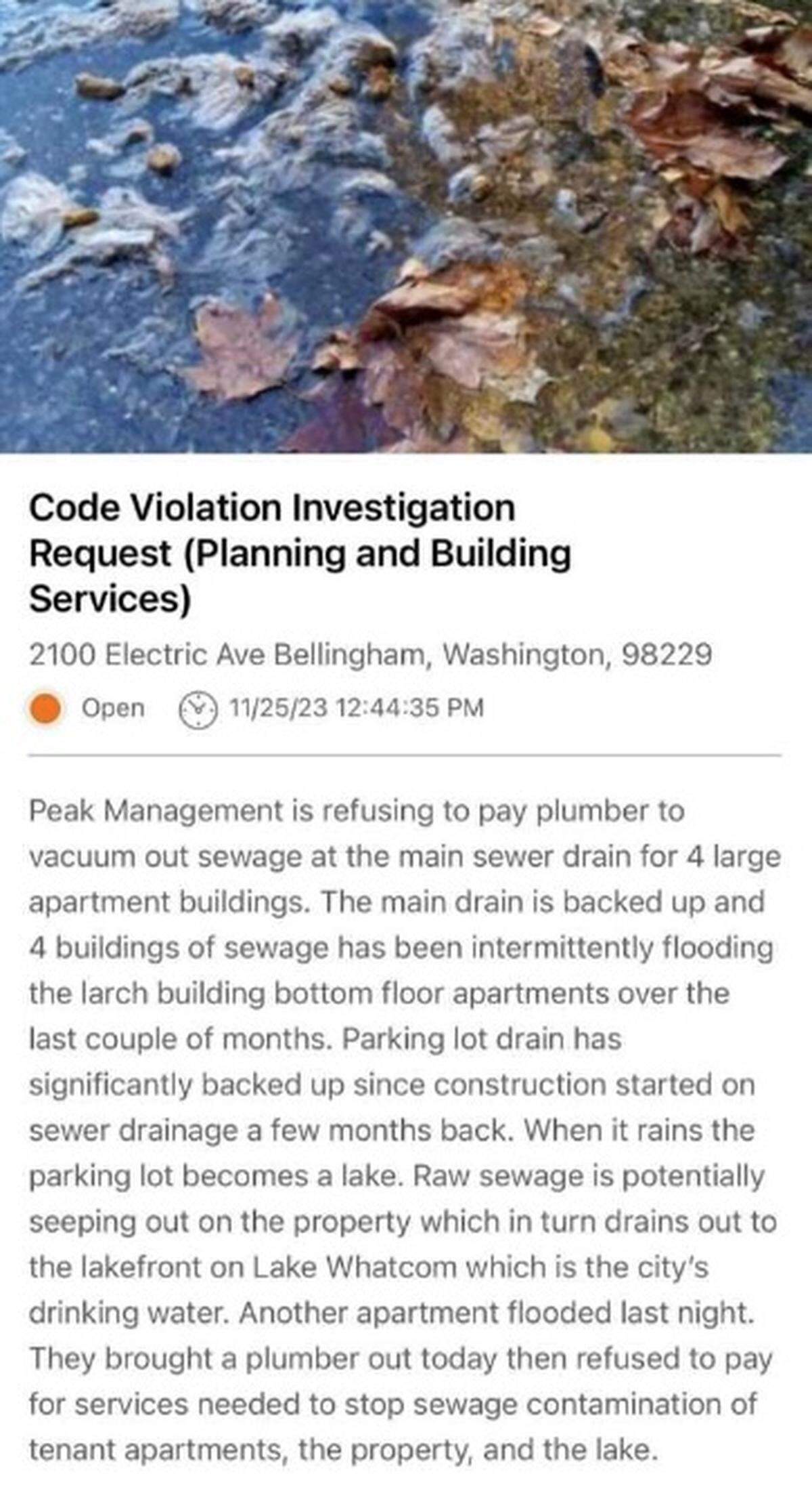 A post shared on Nov. 25, 2023, on the social media Nextdoor shows a photo of sewage leaking onto the grounds of the Old Mill Village apartments property at 2100 Electric Avenue in Bellingham, Wash. The property back up to the Lake Whatcom watershed.