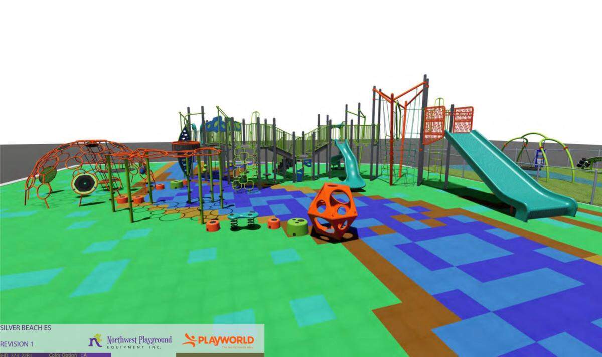 A rendering shows the planned design of an inclusive playground that is expected to be built in the summer of 2023 at Silver Beach Elementary School in Bellingham. This playground uses universal design to try to create a space that is usable by all people.