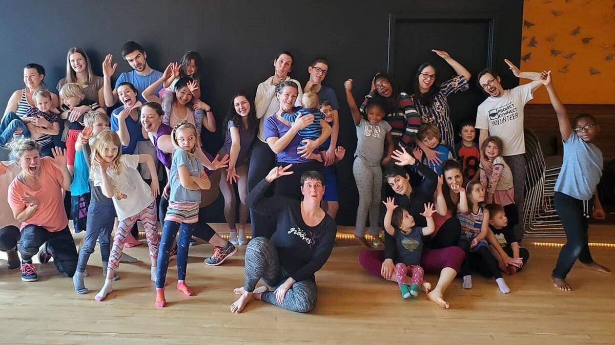 Dance instructor Dana Carr, center, with her Family Groove class in February 2020 at Presence Studio in Bellingham.
