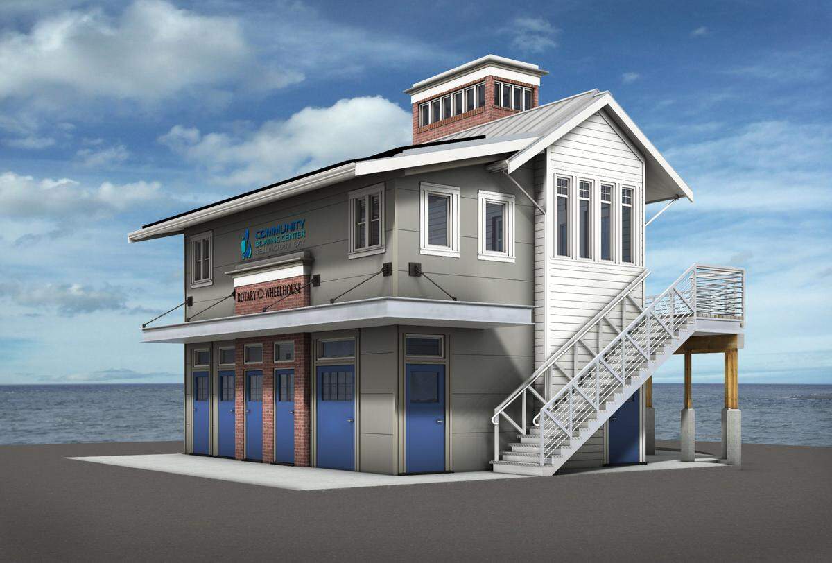 A rendering shows the planned Wheelhouse building on the site of the Community Boating Center in Bellingham, Wash. The building is expected to be complete in the spring of 2024 and will include a heated gathering space, restrooms, showers and changing facilities.