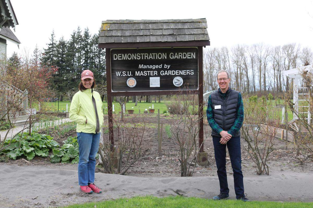 Beth Chisholm and Vic Knox of the Master Gardener Foundation of Whatcom County, at the Hovander Demonstration Gardens in Ferndale on Wednesday, April 6. The gardens were impacted by November 2021 flooding, and the foundation is studying how to make them more flood-resilient.