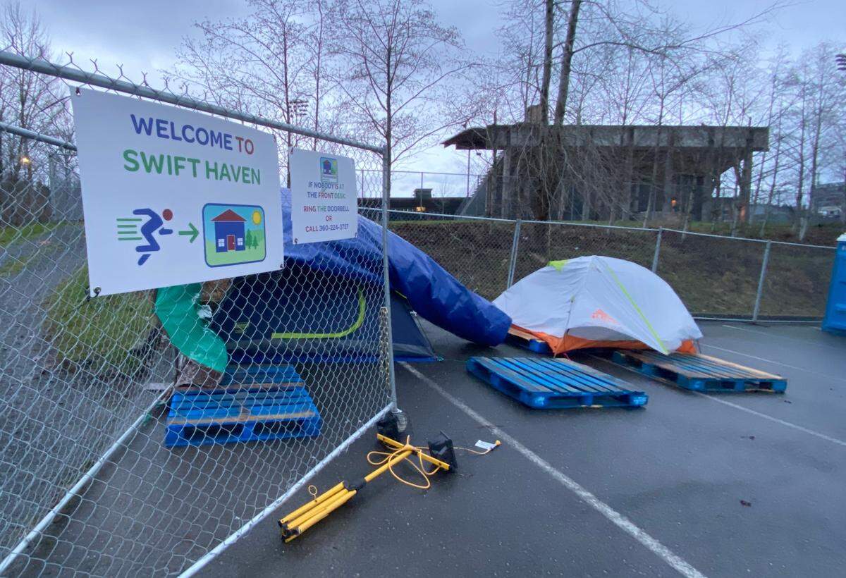 Tents are pitched at Swift Haven, a new encampment for people without housing, on Wednesday, Dec. 30 at Frank Geri Softball Fields in Bellingham.
