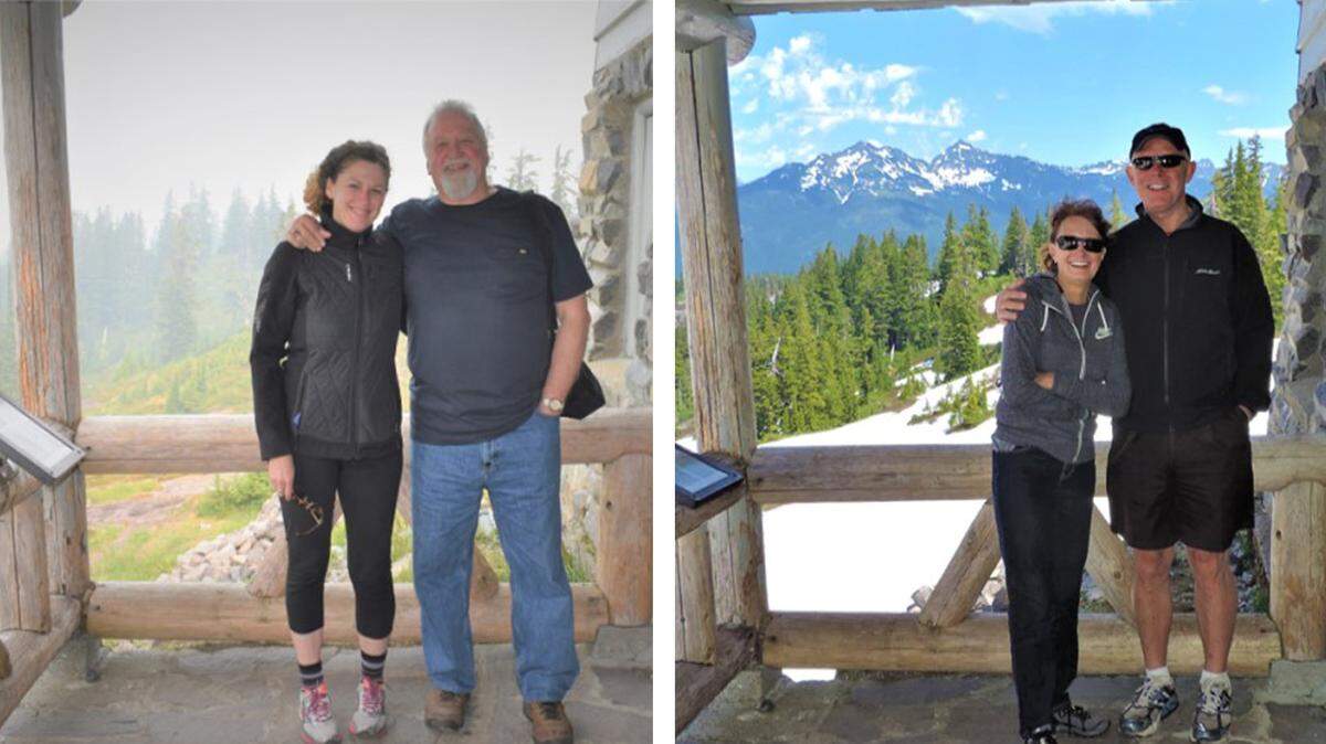 George Edward took the picture on the left with his daughter, Lara, at Heather Meadows near the Mt. Baker Ski Area Monday, showing how bad the smoke is in the region. For comparison, he sent a photo, right, of his sister and brother-in-law taken in July 2017 from the same spot.