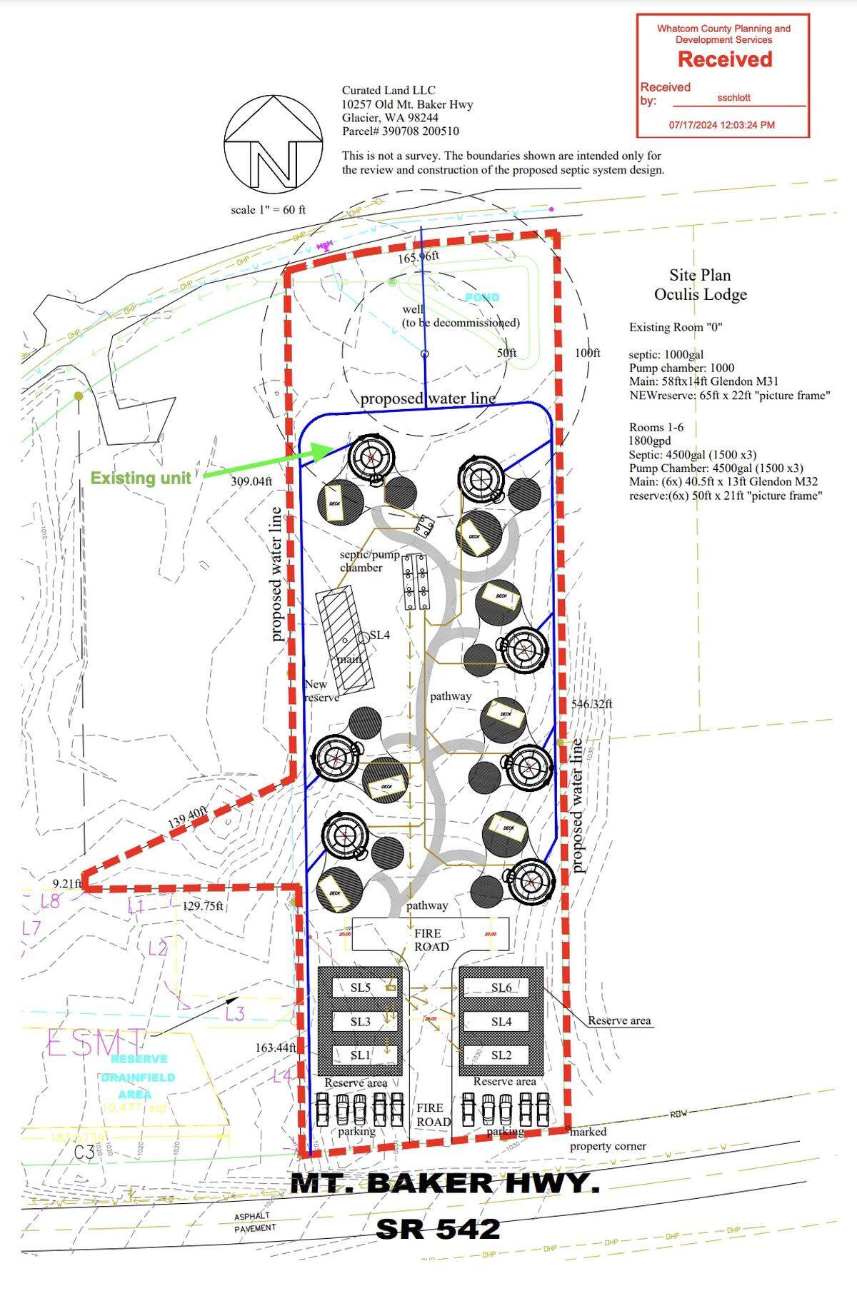 A proposed site plan submitted to Whatcom County on July 16, 2024, shows seven domes as part of the Oculis Lodge luxury glamping resort in Glacier, Wash. One dome is currently complete.