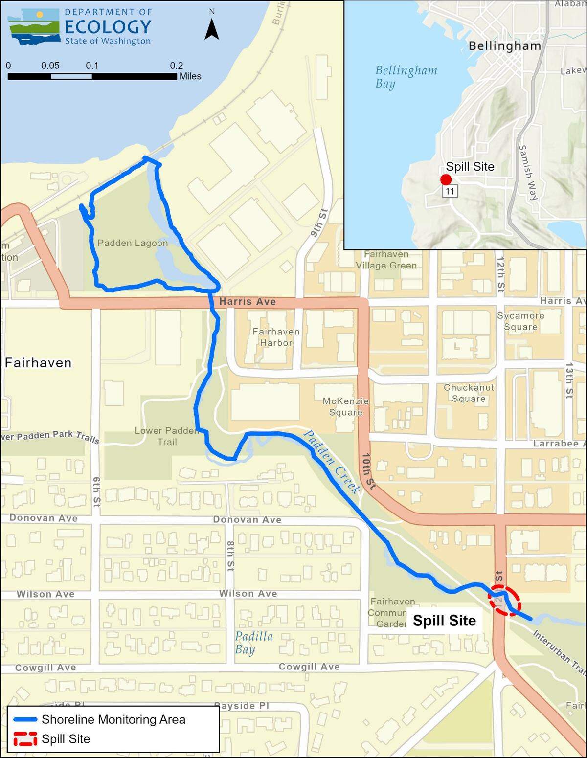 A map from the state Department of Ecology shows the construction site on Padden Creek near the Fairhaven neighborhood of Bellingham.