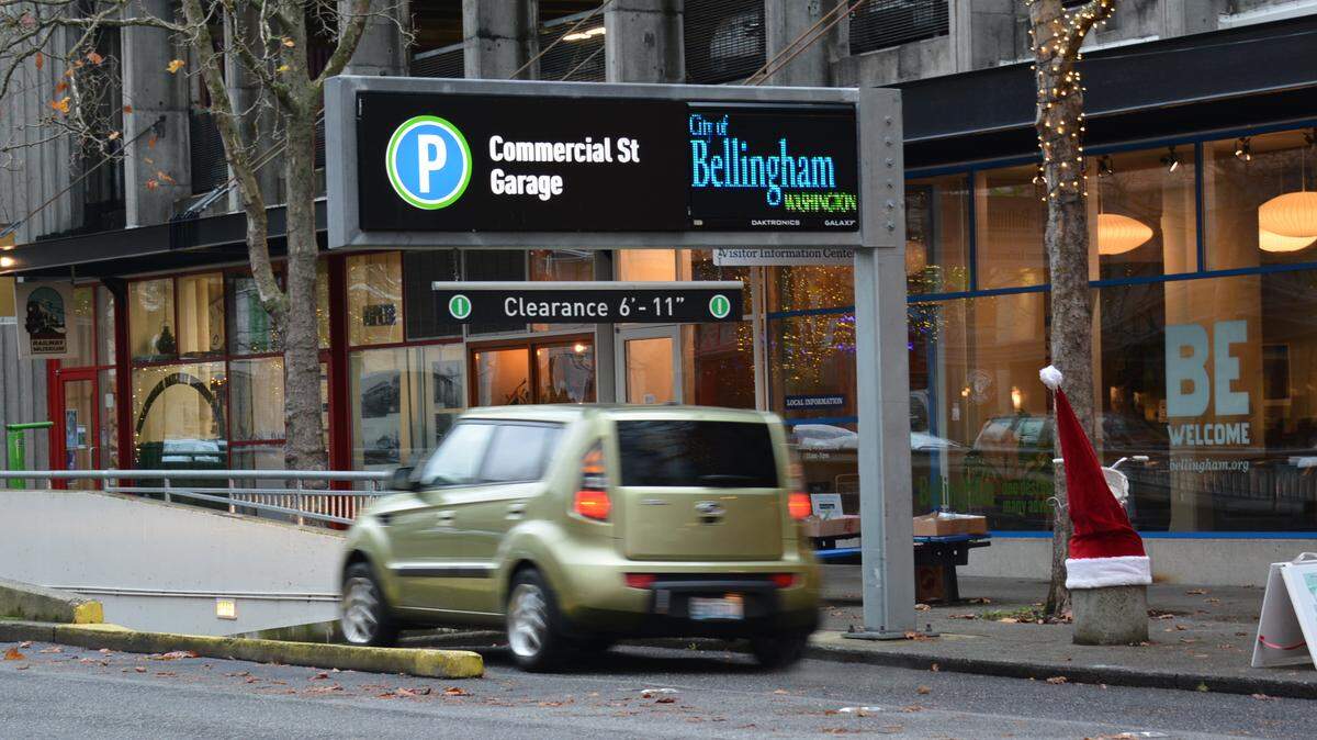 A driver enters the Commercial Street Garage, which many Bellingham residents still refer to by its original name, the Parkade.