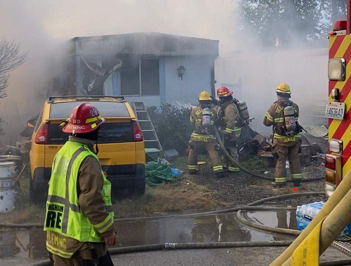 One mobile home was destroyed and two others were damaged in a fire Tuesday, Aug. 23, at a Bellingham mobile home park near Bellis Fair mall.