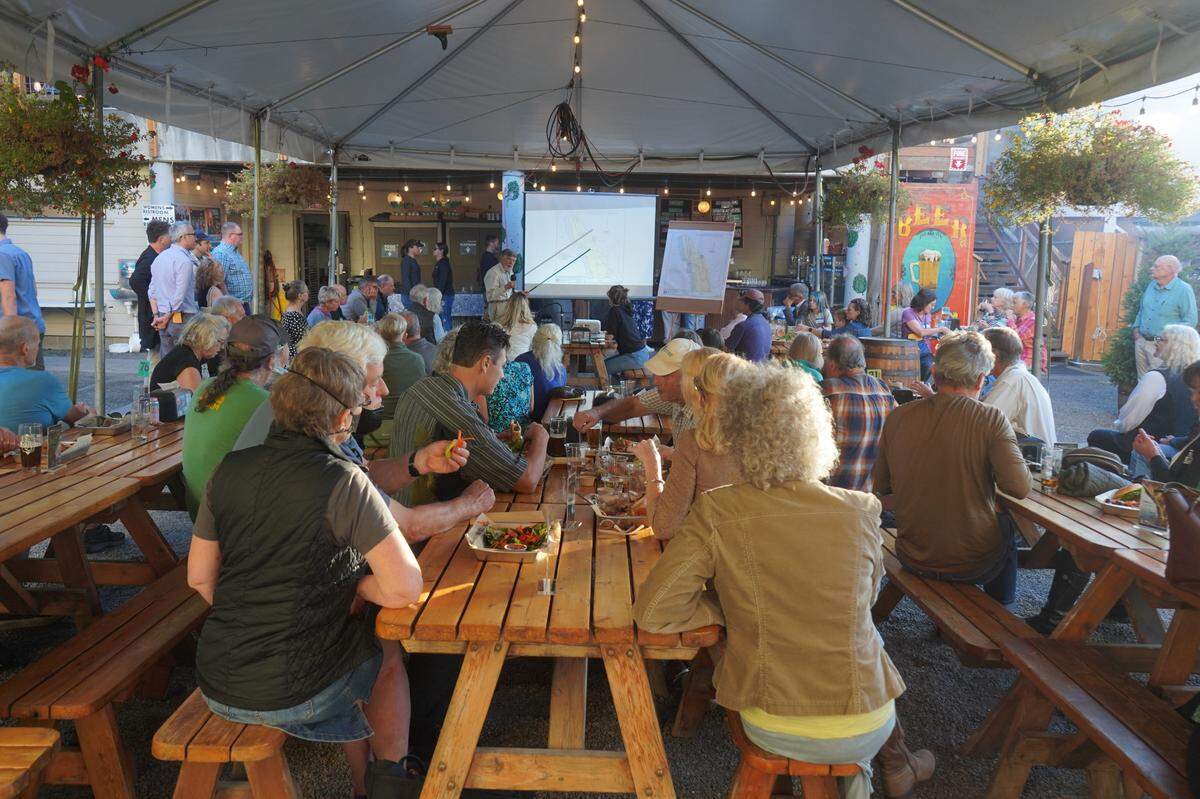 Whatcom Land Trust co-founder Rand Jack gives a presentation at Boundary Bay Brewery in 2023.                      