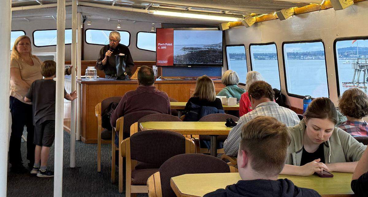 Brian Griffin, a local historian, narrating the Whatcom Museum History Sunset Cruise on July 20, 2024.