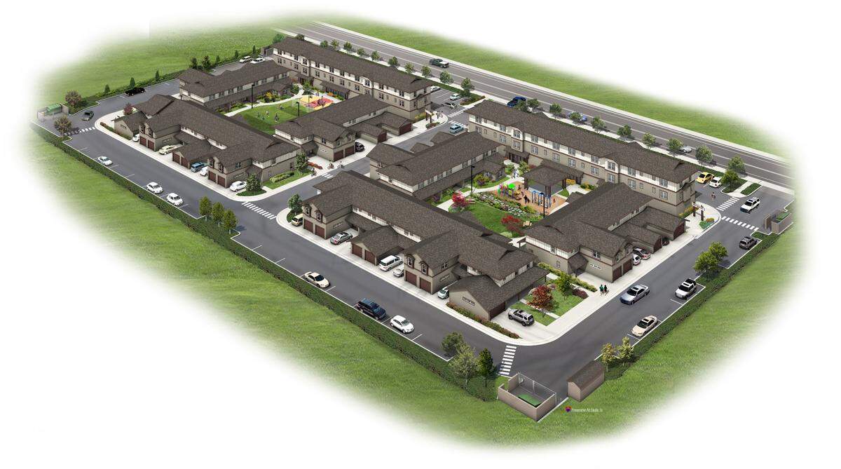 An aerial rendering shows the planned Mateo Meadows Community development in downtown Everson, Wash. The homes are meant to be affordable for those earning between 30% and 120% of the Area Median Income.