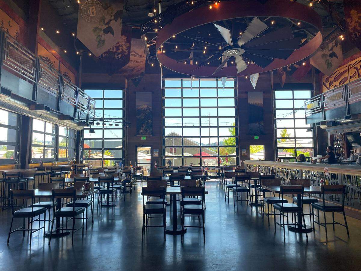 Twin Sisters Brewing Company’s indoor seating area and bar in Bellingham.