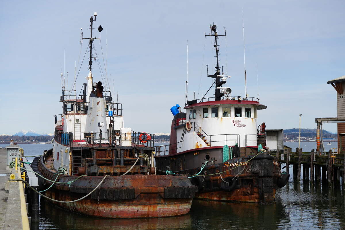 Two boats are docked in February 2025 at the Fairhaven Shipyard, a Port-owned property identified as a polluted site that will undergo a cleanup process in Bellingham.