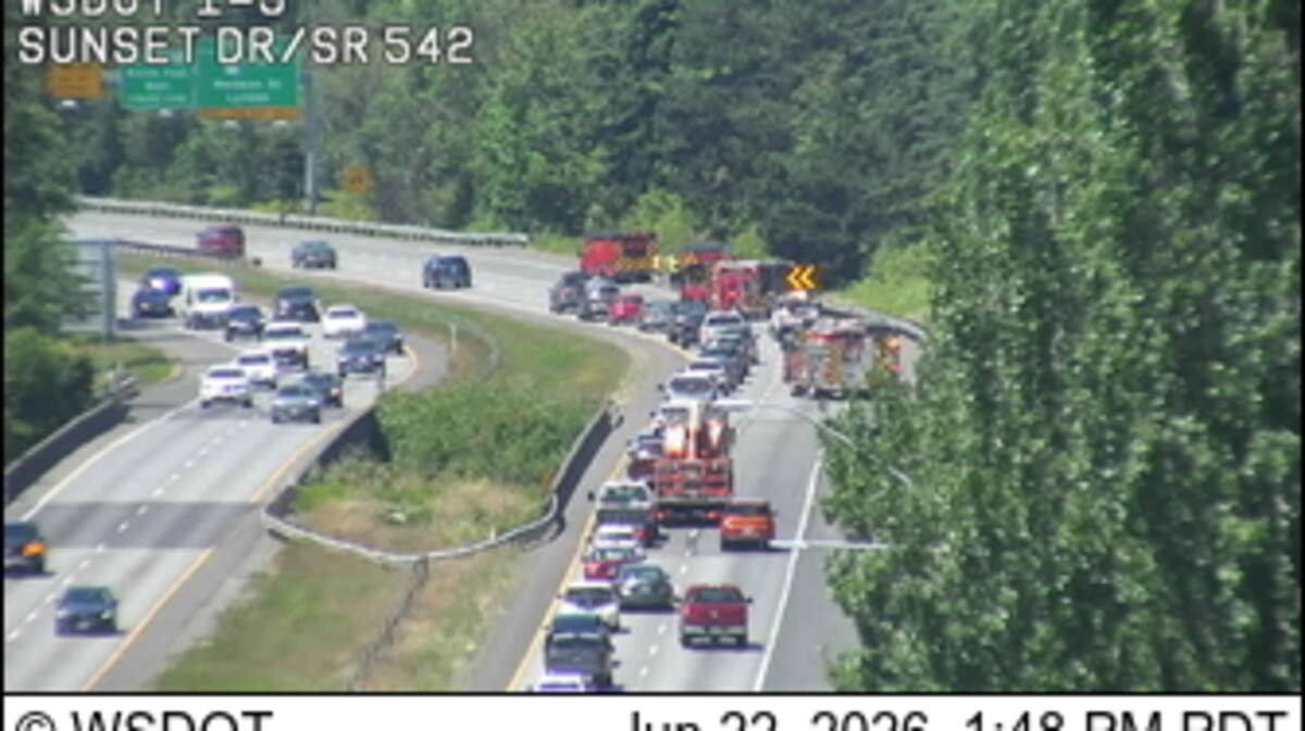 A collision on northbound Interstate 5 was blocking the right lane near the Guide Meridian exit just after 1:45 p.m. on June 22, 2026, in Bellingham, Wash.