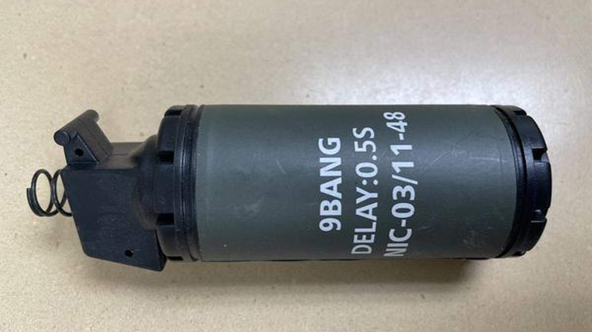 The noise flash distraction device (NFDD) or flashbang donated was a pneumatic prop.