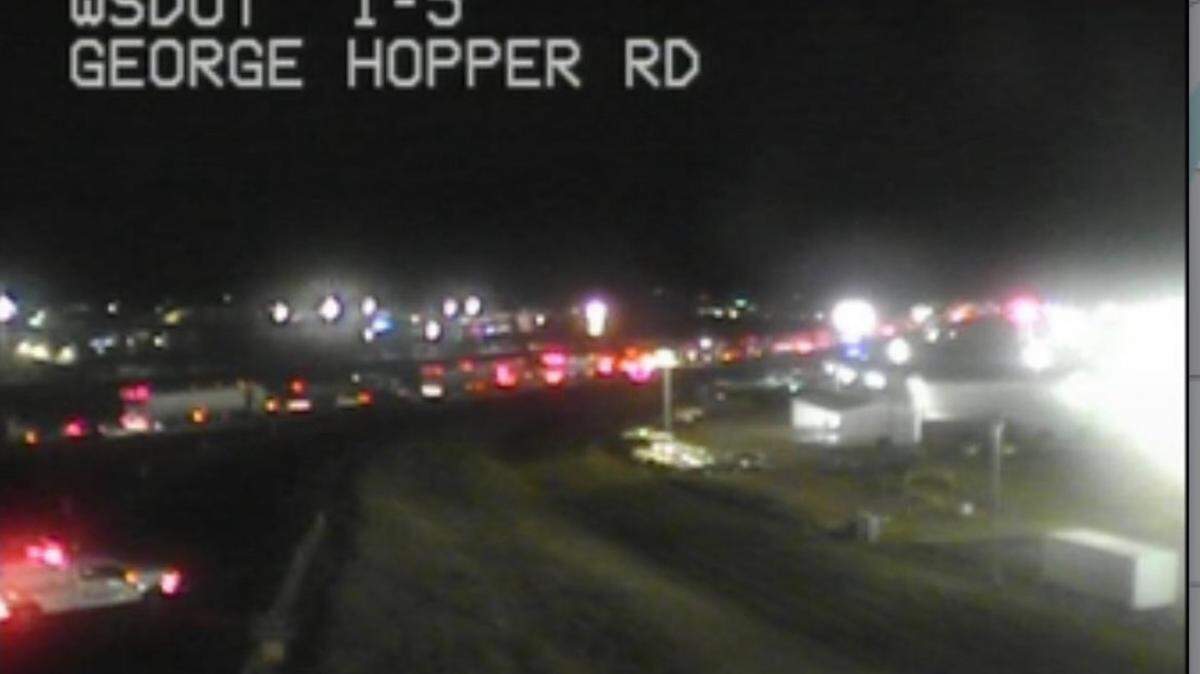 Interstate 5 is blocked at George Hopper Road in Mount Vernon at 5 a.m. in Thursday, Feb. 13, 2025, in this view from a Washington State Department of Transportation camera.
