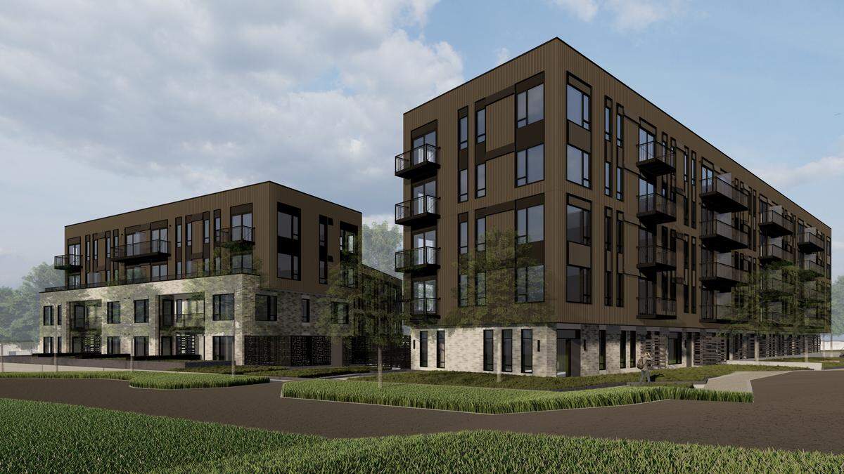 A rendering shows the proposed design of The Manning Apartments in Barkley Village in Bellingham. The project broke ground in early December 2025 and is expected to begin welcoming residents by mid-2027.