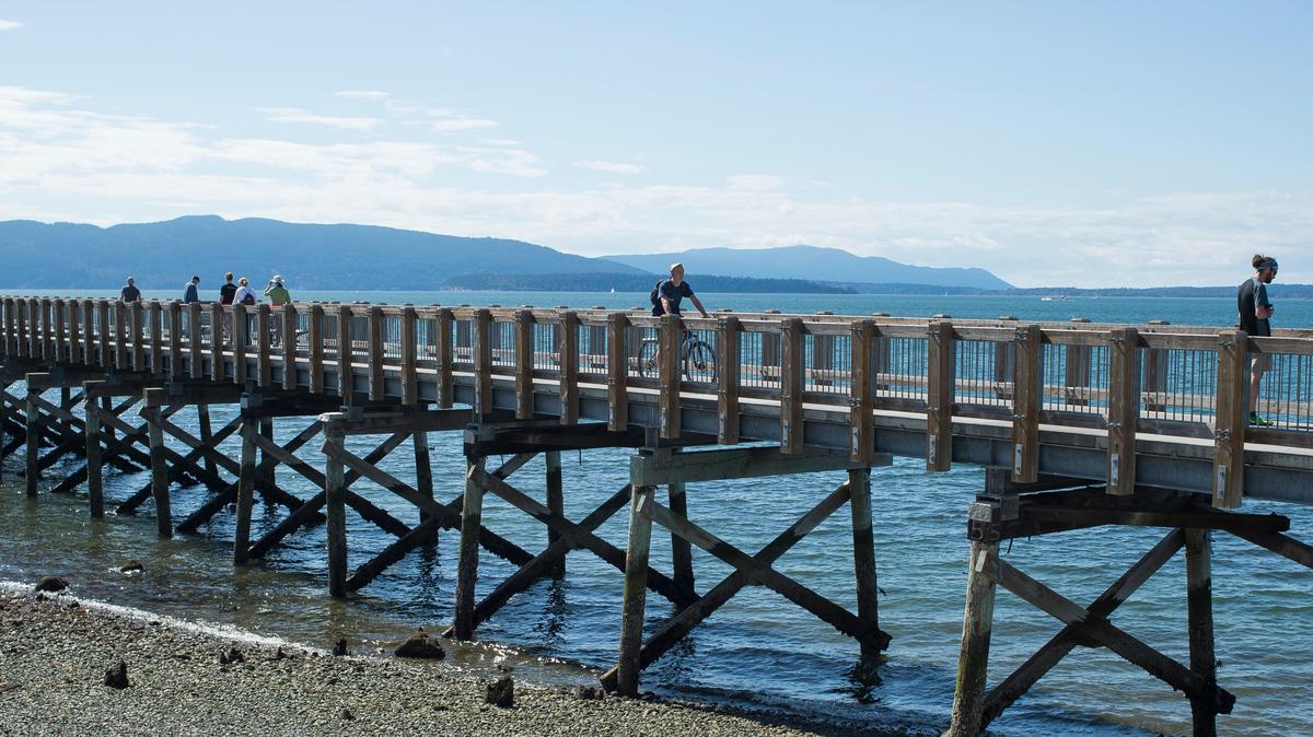 People walk and bicycle on Taylor Dock on Thursday, Aug. 30, in Bellingham.