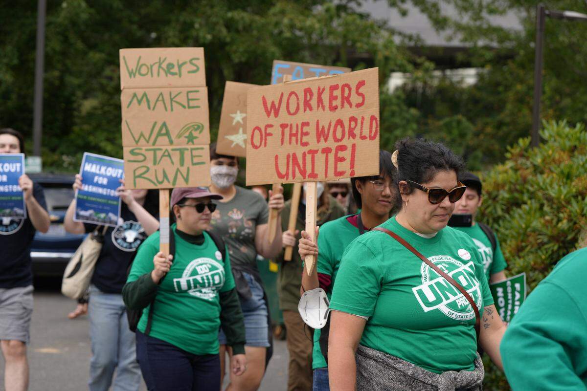 Western Washington University public service employees and members of the Washington Federation of State Employees union, joined a statewide walkout to demand fair pay and safe staffing levels on Tuesday, September 10, 2024, in Bellingham, Washington.