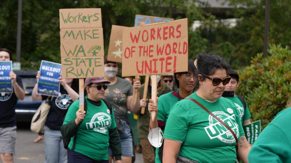 Western Washington University public service employees and members of the Washington Federation of State Employees union joined a statewide walkout to demand fair pay and safe staffing levels on Sept. 10, 2024, in Bellingham.