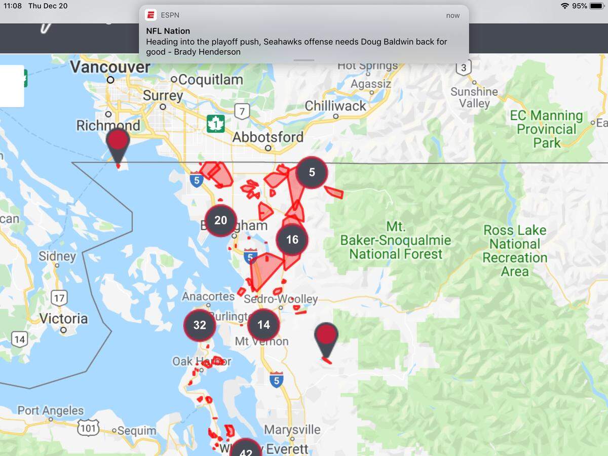 Puget Sound Energy’s website shows at least 40 separate outages across Whatcom County about 11 a.m. on Dec. 20.