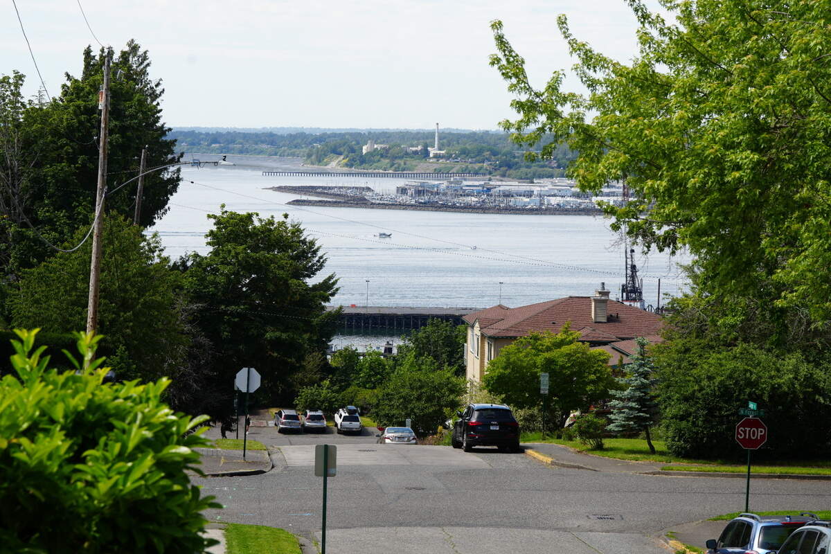 A view of Bellingham Bay is seen from the corner of Forest and Cedar Streets on May 28, 2025, in Bellingham, Wash.