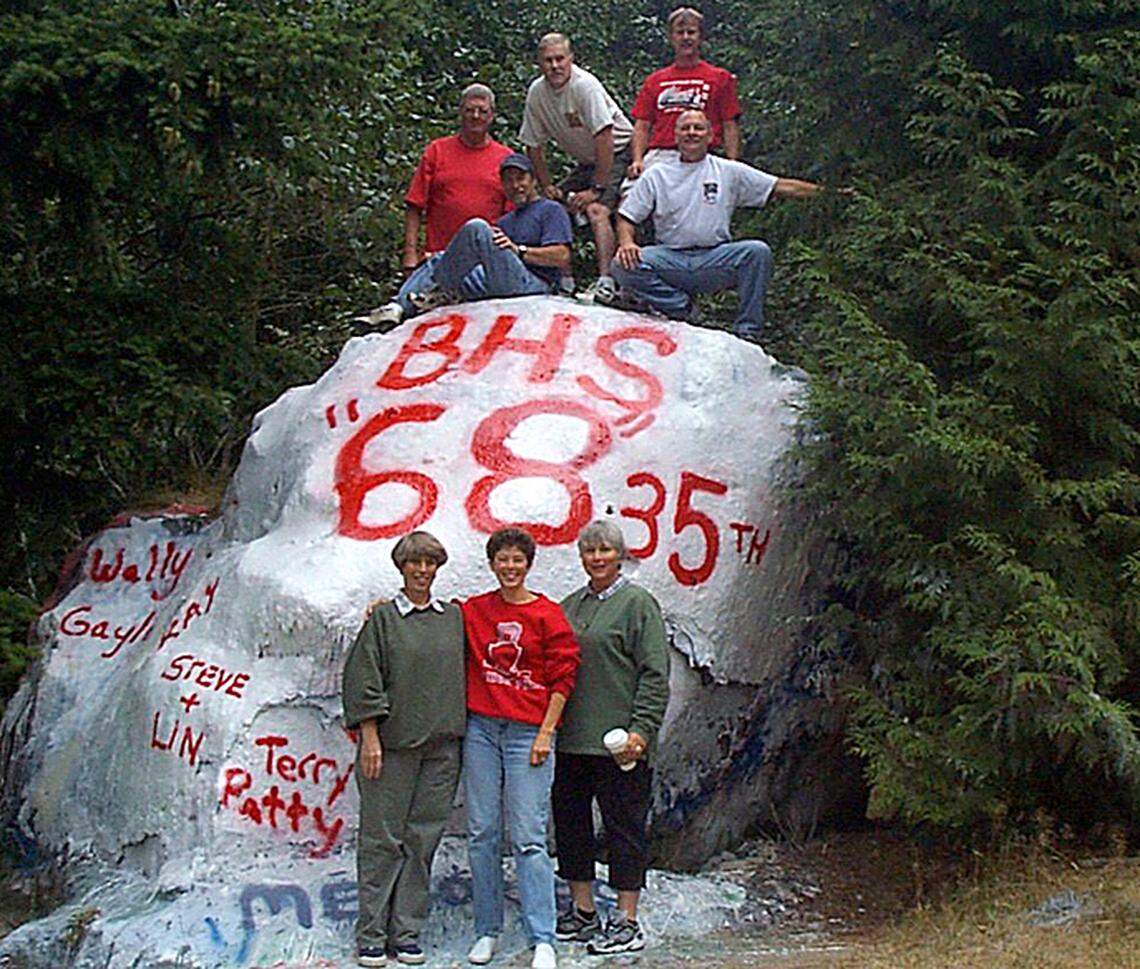 Members of the Bellingham High School class of 1968 painted the Interstate 5 rock three times for the class’ 35th class reunion — the original time, then two more times later that week after other people painted messages on the rock. Painters who helped at this session were Jim Wallace, Ray Moore, Terry Lehman, Ted Sealey, Linda Birman, Patty Hoff, Gayle Pauley and Steve Birman.