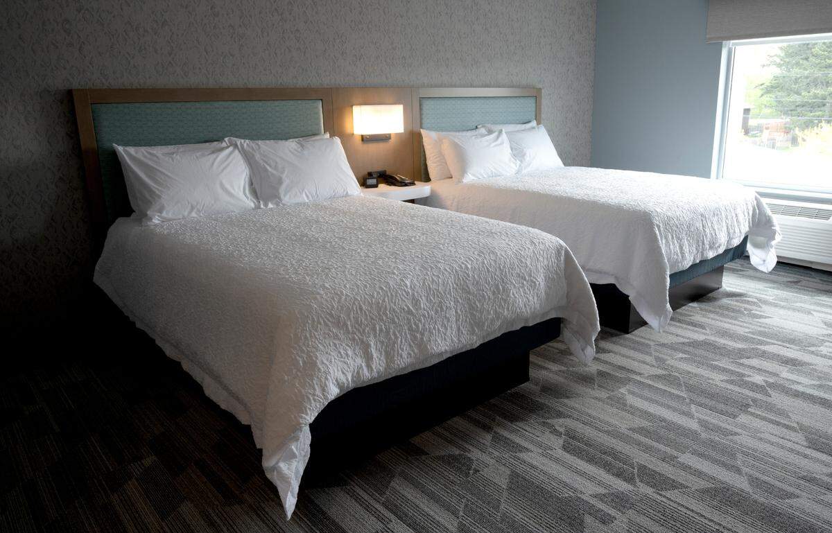 A room with two queen beds at the Hampton Inn by Hilton Bellingham Airport on Monday, May 3, in Bellingham is ready for the planned opening on Friday, May 7. The 98-room hotel is at 1055 W. Bakerview Road.