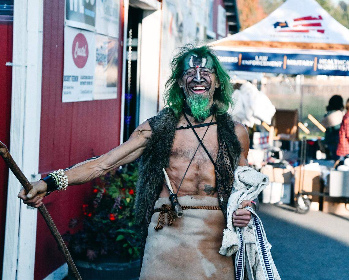 An attendee wearing a sasquatch costume at the Skagit BigFoot Fest 2023 in Mount Vernon, Wash.