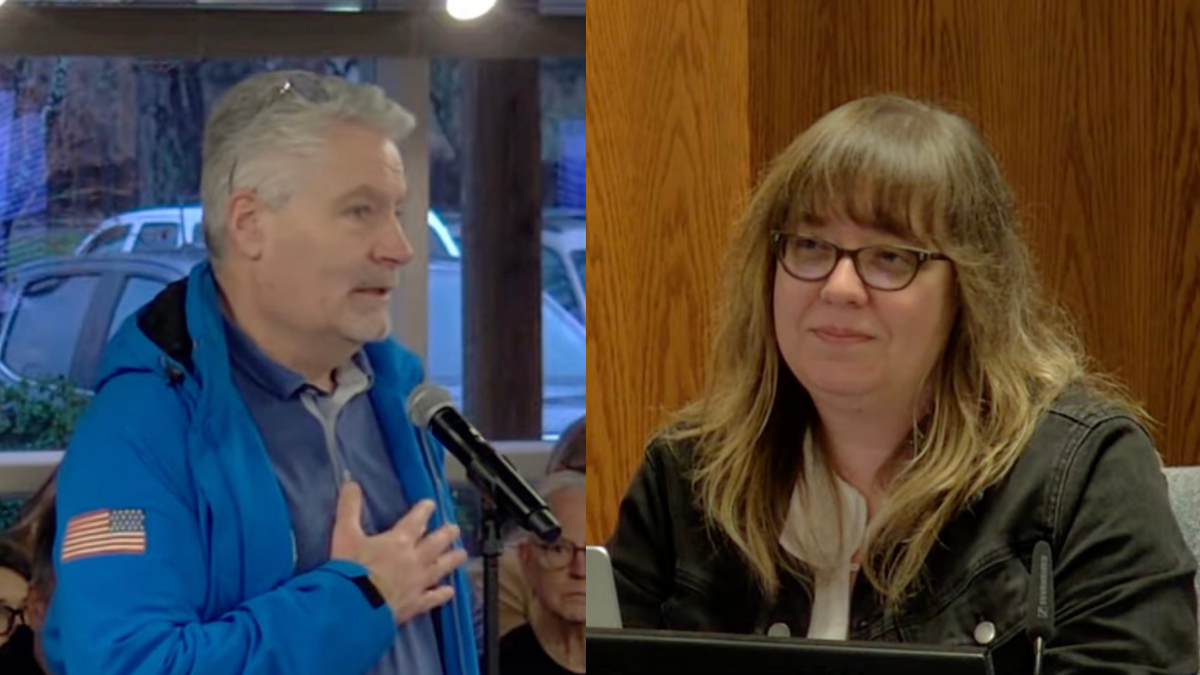 Former two-term Bellingham Port Commissioner Ken Bell (left) spoke during the public comment period at the Jan. 6 Board of Commissioners meeting to welcome Commissioner Carly James (right) to her new role. Commissioner James ousted Bell in the November general election.