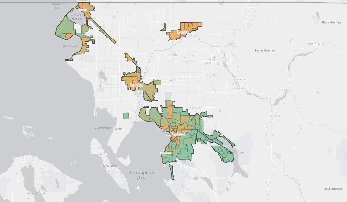 Whatcom County urban areas are shown on a map created by the conservation nonprofit American Forests in partnership with the Washington Department of Natural Resources. The map assigns areas a “Tree Equity Score,” which is meant to help cities “assess how well they are delivering equitable tree canopy cover to all residents.” Greener areas have higher scores, while areas highlighted in more orange hues have lower scores.