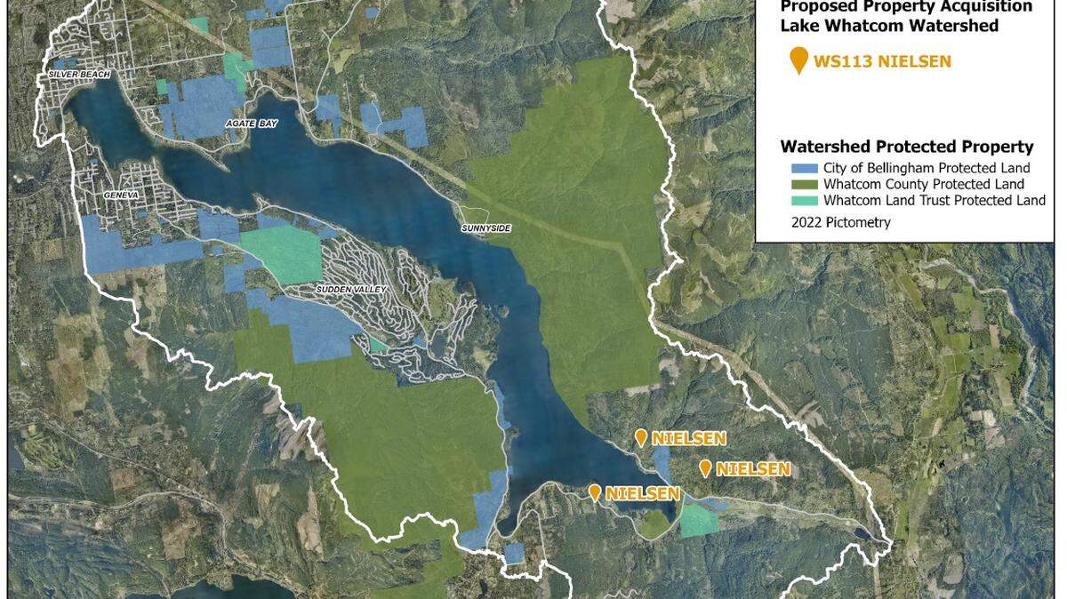 A city of Bellingham map shows the location of four forested sites at the south end of Lake Whatcom that the city bought to protect from development.