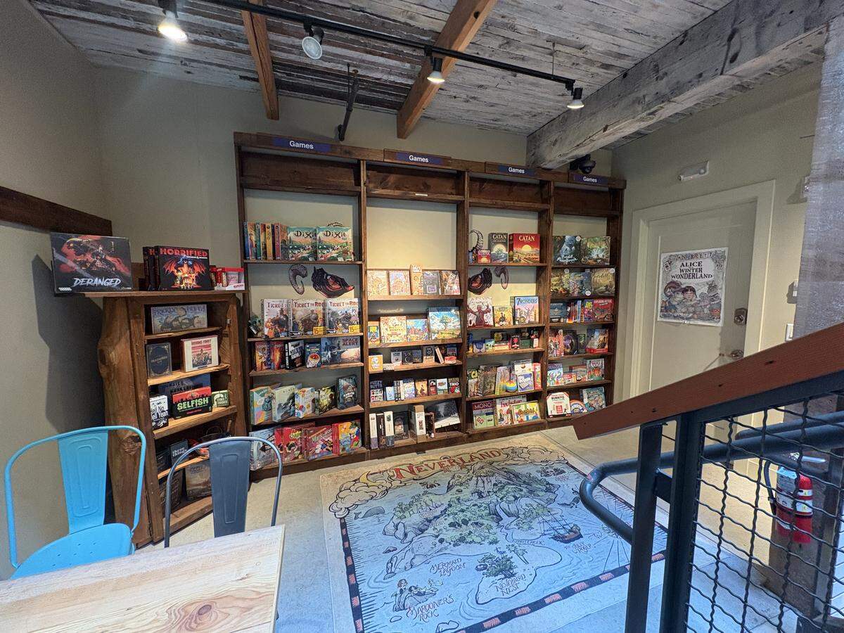 The games wall at Village Books and Paper Dreams in Lynden.