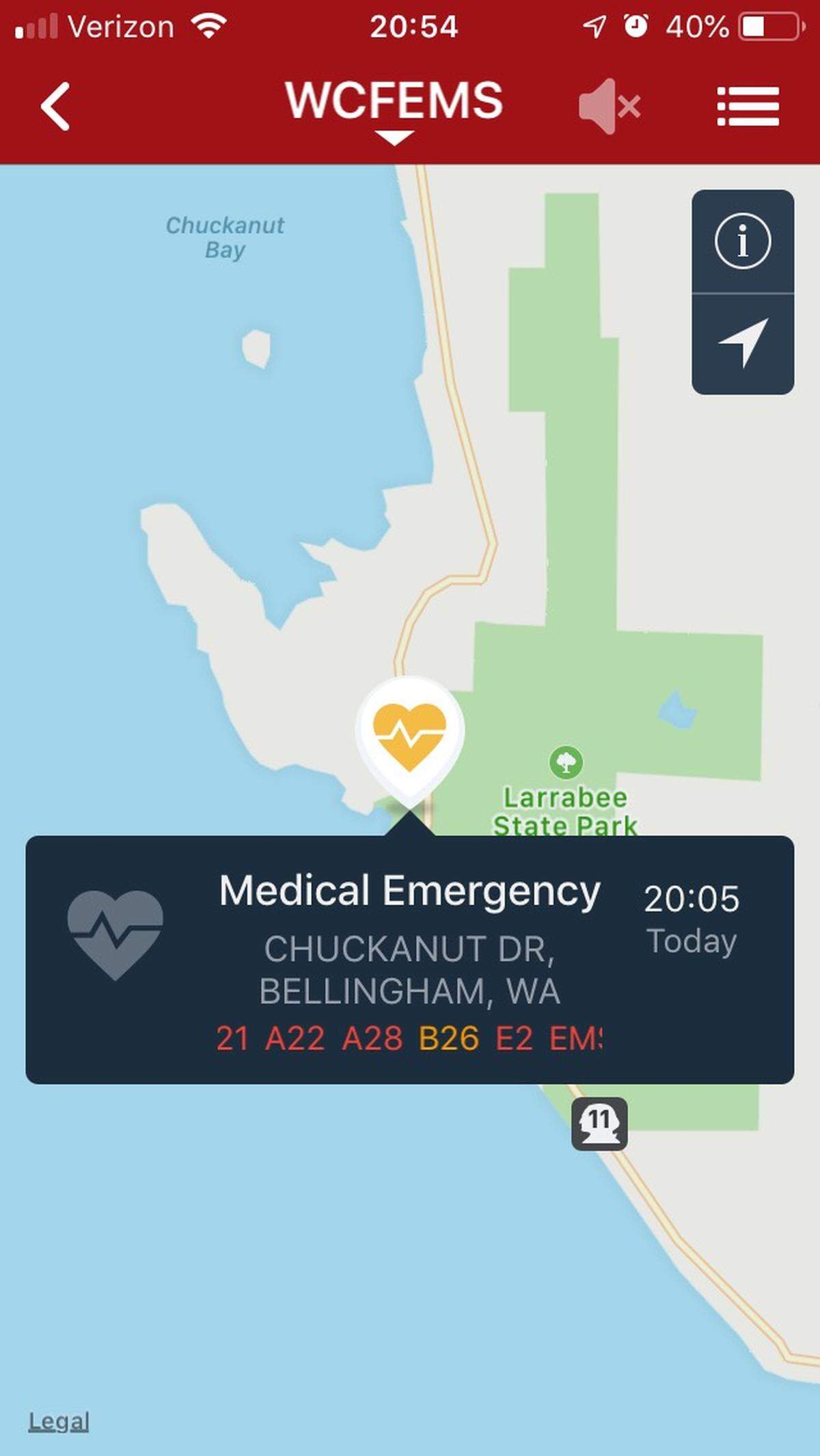 The emergency services app Pulse Point shows the location where two people fell from a cliff Wednesday, May 8, 2019.