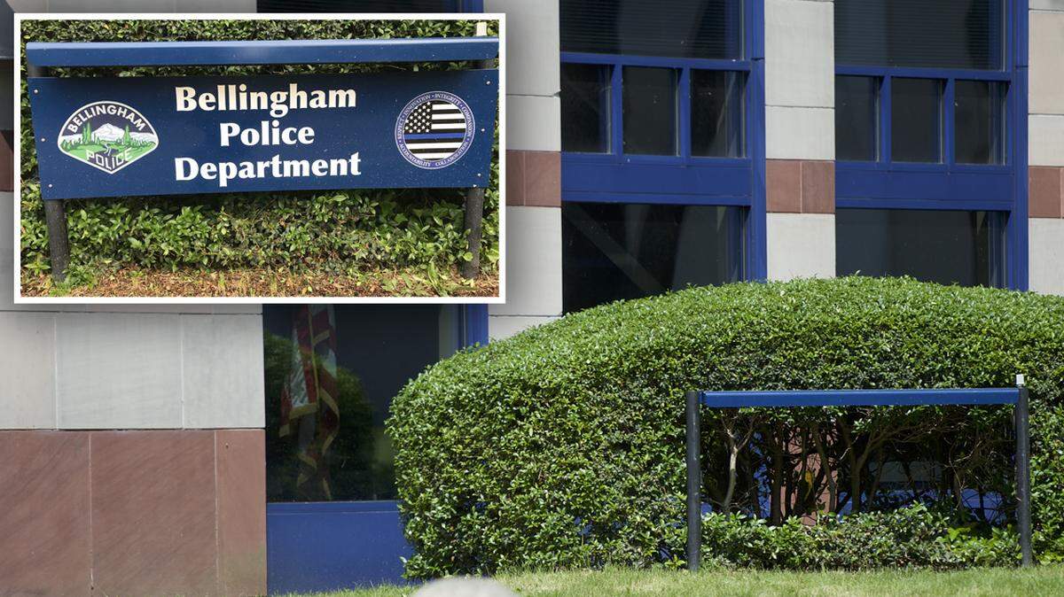 Bellingham Police Chief David Doll removed a sign (inset) from outside the Police Department headquarters on Sunday, May 31, because it contained an image of the “thin blue line” intended to symbolize police fraternity and community sacrifice but that has also been used by racist and white supremacist organizations.