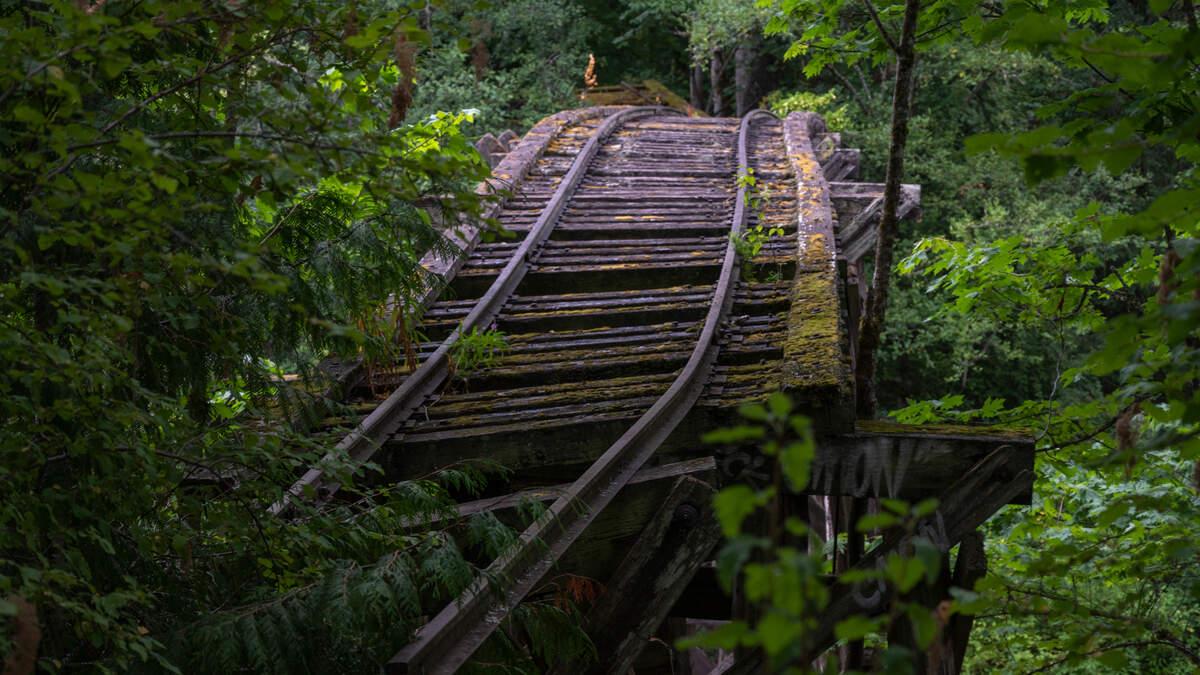 Railroad tracks lead to the trestle, on Friday, Aug. 20, that crosses Whatcom Creek on the south end of the Railroad Trail, north of Derby Pond in Bellingham. The trestle is leaning and will be demolished.