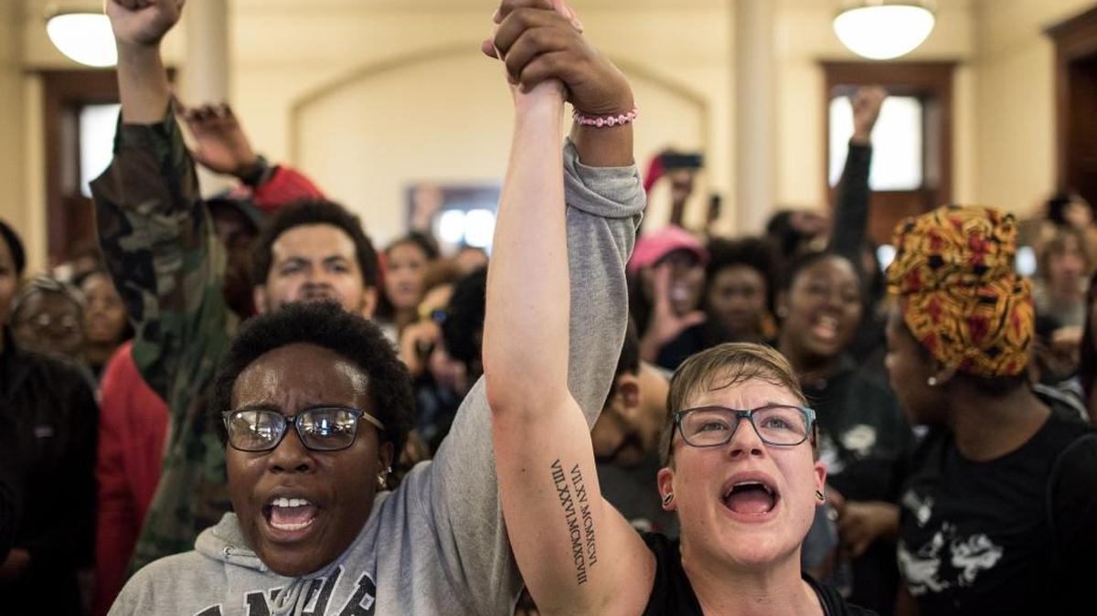 Protesters fill Jesse Hall in November after a march through the University of Missouri campus in Columbia. Student protests grew out of frustrations about what was seen as an inadequate response by university officials to racial issues and incidents on the college campus.